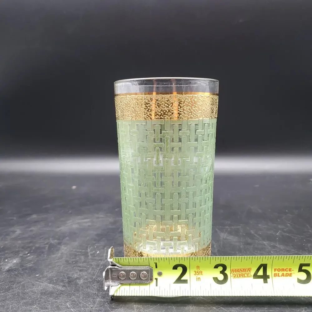 Set of 4 Vintage Gold Green Geometric Highball Tumblers Mid Century Glasses
